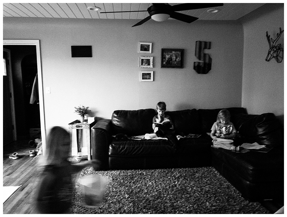 6:19 pm // Our typical after-supper scene: the older two reading and the youngest running around crazy.